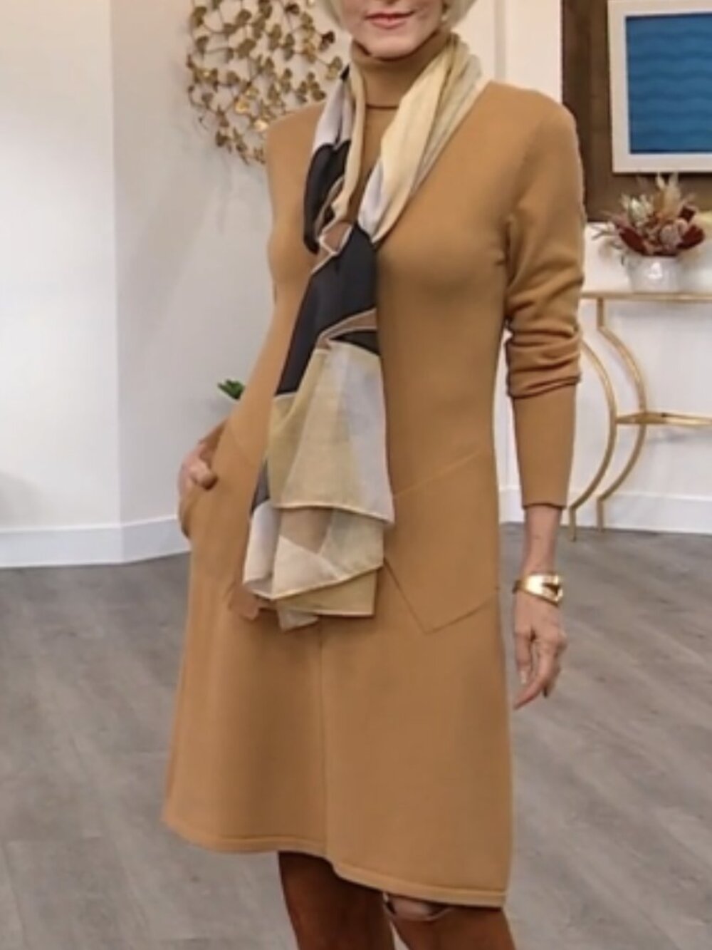 Marla Wynne WYNNELAYERS Camel Center Seam Turtleneck A-Line Sweater Dress